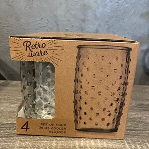 4 retro style glasses, textured bump design. New, in box, never used